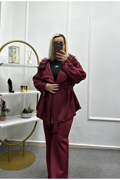 LİSAA BUTİK Premium Scuba Belt Sleeve with Fur Collar, Zipper Detail, Hijab C...