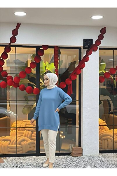 Gioni Indigo Crew Neck Mercerized Casual Knitwear Tunik