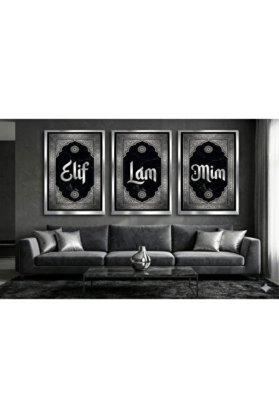 Nova Magnet Elif Lam Mim 3’lü Gümüş Pleksi Çıtalı MDF Tablo Seti - Lüks UV Ba...