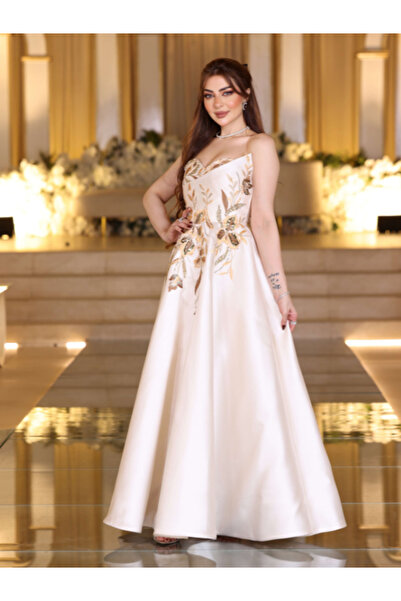 TREN Royal Off-White Mikado Gown with Gold Floral Embroidery and Sleeveless B...