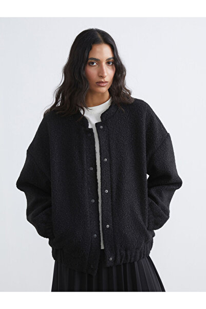 LC Waikiki Lcw Modest Black College Collar Oversized Women's Plush Coat