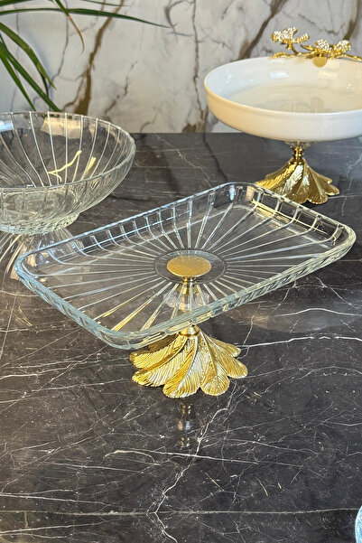 MAY HOME Dikdörtgen Gold Ayaklı Cam Sunumuluk & Meyve Kurabiye Kek Tabağı