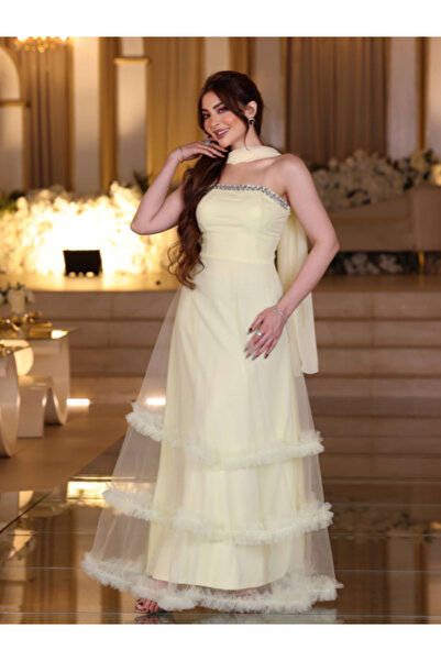 TREN Cream Off-White Tulle Evening Gown Crystal Trim Sleeveless Ruffled Long ...