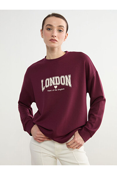 LC Waikiki Γυναικείο φούτερ τουνίκ με στάμπα Plum London, απαλής υφής