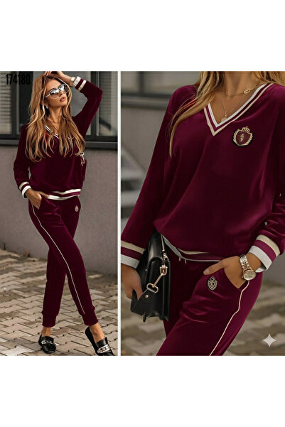 Fibula V-Neck Sleeve Mouth Collar Ribbing Striped Detail Pearl Velvet Suit