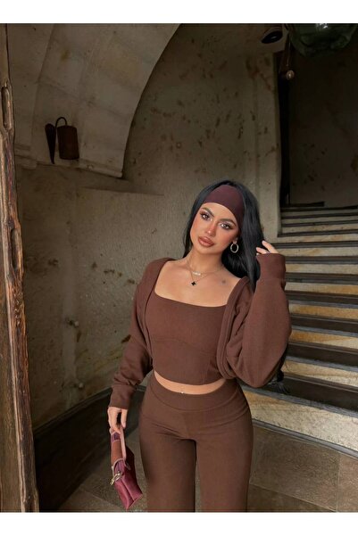 charme butik Women's Knitted Stretchy Fit Crop Pants Vest 3-Piece Set