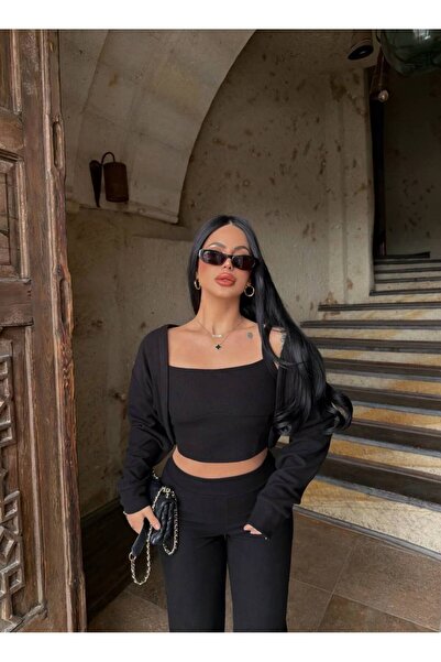 charme butik Women's Knitted Stretchy Fit Crop Pants Vest 3-Piece Set