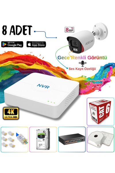 SLCMARKETİM 8'li Full HD IP Güvenlik Kamera Sistemi - Gece Renkli & Sesli Set...