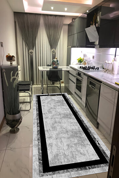 CENTER AVM Gri Siyah Halı Mutfak Halısı Makinede Yıkanabilir Halı Kaymaz Taba...