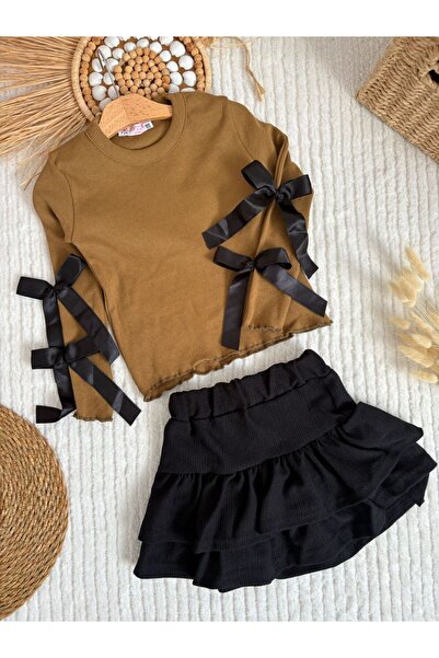 sobekidstore Girl's Ribbed Knit Piece Skirt Suit Full Fit Skirt and Bluse Set