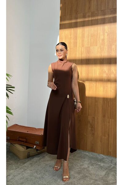 Nida Boutique Slit Flared Dress with Crew Neck, Zero Sleeves and Accessory De...