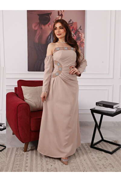 TREN Elegant Off-Shoulder Beige Evening Gown with Embellished Bodice - Long S...