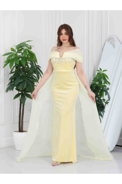 TREN Elegant Off-Shoulder Yellow Velvet Evening Gown with Crystal Embellished...