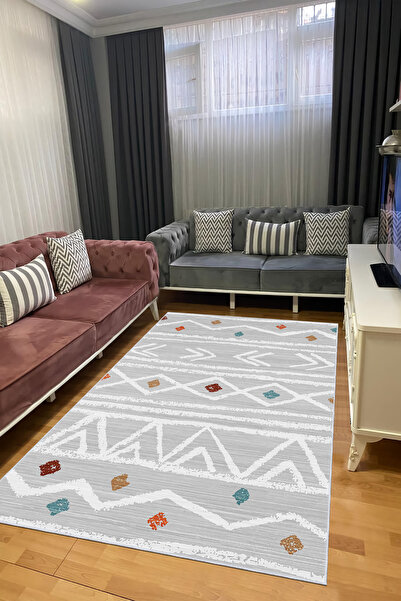 CENTER AVM Gri Beyaz Halı Salon Halısı Makinede Yıkanabilir Halı Kaymaz Taban...