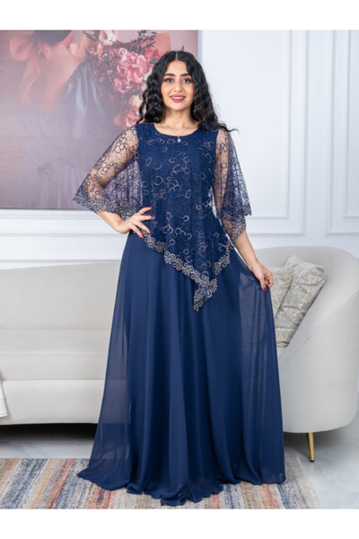 TREN Navy Blue Chiffon Evening Dress with Embroidered Lace Overlay Cape and E...