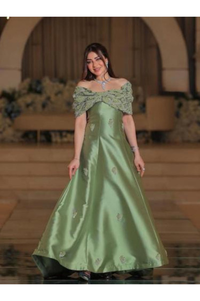 TREN Sage Green Off-Shoulder Evening Gown with Hand-Embroidered Roses and Bea...