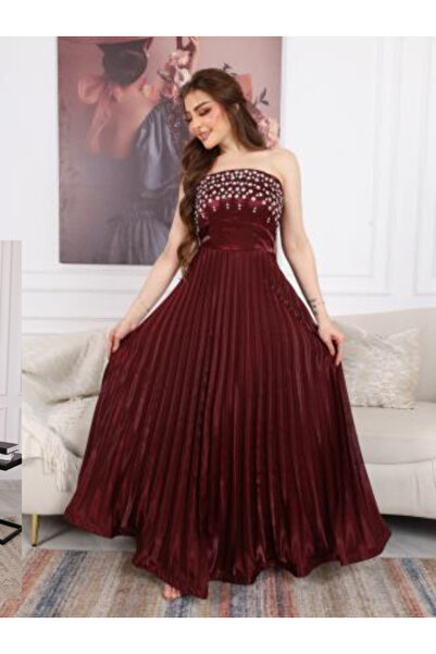 TREN Burgundy Strapless Pearl Embellished Pleated Evening Gown Formal Maxi Dr...