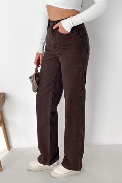 HLT JEANS Kahverengi Kadın Wide Leg Jean Yüksek Bel Palazzo Likralı Esnek Kot...