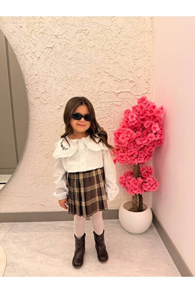 sobekidstore Girls' Plaid Skirt and Poplin Shirt Set for Holidays