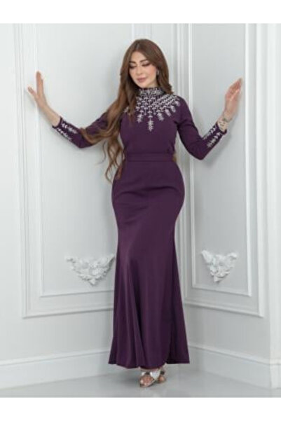 TREN Purple Embroidered Evening Dress Long Sleeve Formal Gown High Neck Modes...