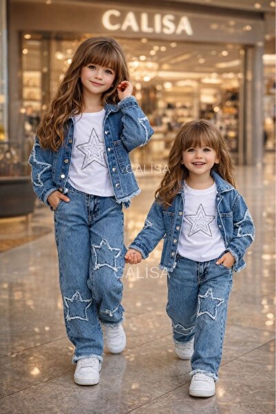 CALİSA Girl's Denim Jacket T-Shirt Pants 3-Piece Holiday Set |   Star Detaile...