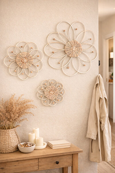 REMO Rattan Çiçek Duvar Dekorasyon 3 ‘ lü Set Bohem bambu rattan duvar tabağı...