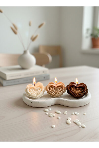 Handmade Kalp Şekilli 3’lü Gül Mum + Sunumluk Seti