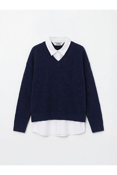 LC Waikiki Çelebiden Seçkiler Navy Blue Shirt Collar Girls' Knitwear Sweater