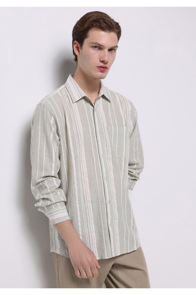 Colin's Regular Fit Shirt Neck Striped Men's Green Long Sleeve Shirt