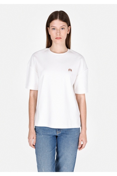 Colin's Tricou alb cu mânecă scurtă pentru femei, cu broderie cu gât rotund