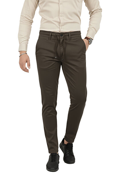 DeepSEA Men's Brown Stretch Fabric Slim Fit Stylish Fabric Trousers with Elas...