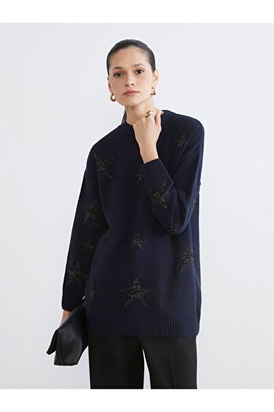 LC Waikiki Lcw modest navy blue star patterned women's knitwear tunic with bi...
