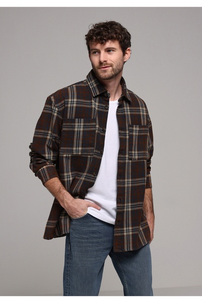 Colin's Oversized Fit Shirt Neck Plaid Men's Brown Long Sleeve Shirt
