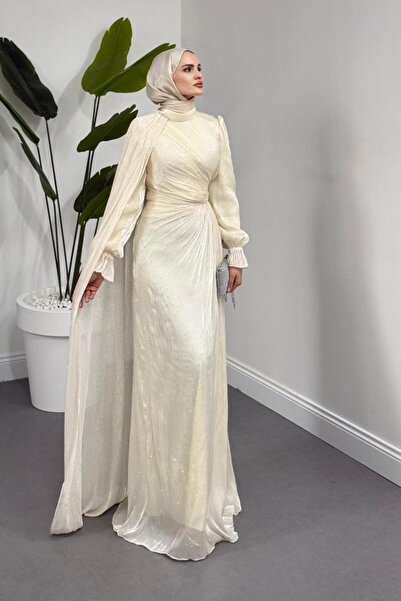 MERVEN AKYÜZ Lunara Taşlı Janjan Kumaş Abiye Ekru