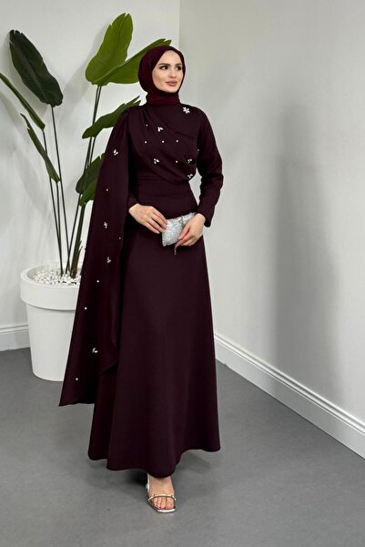 MERVEN AKYÜZ Elysia Pelerinli Taşlı Abiye Mürdüm