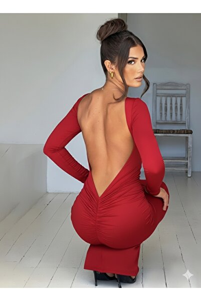 Lacis Boat Neck Back V Ruched Detail Low-Cut Fish Dress