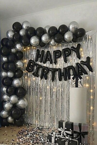 Baloncu Nene Black Silver Metallic Balloon Set Black Foil Happy Birthday Lett...