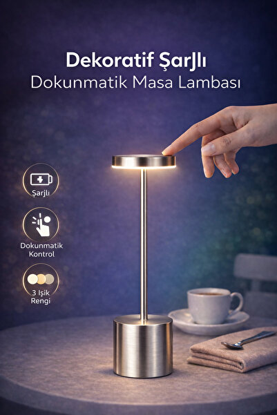 Ecuy Dekoratif Masa üstü Şarjlı Dokunmatik Masa Lambası Gri 3 Işık Renkli Dim...