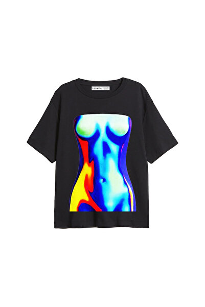 Bak Moda Blue Silhouette Printed Relaxed Fit Black Women's Tshirt