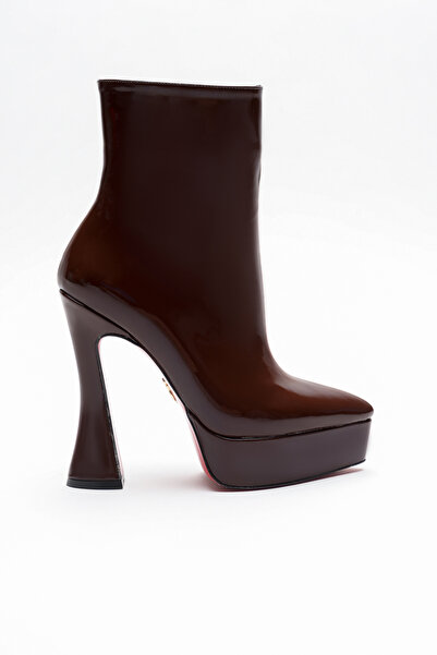 Ayakkabı Ateşi Brown Patent Leather Platform Design Women's Boots Mid-Heel Sh...