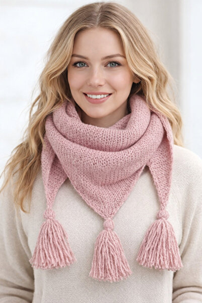 Duru Elegance Üç Püsküllü El Örgüsü Boyun Şalı