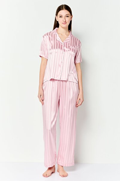 Bebe Women 2 Pieces Stripe Short Sleeve Pajamas Set, Pink