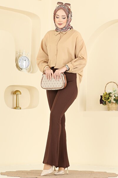 ModaMerve Nervür Dikişli Krep Pantolon 1106BRZ597-MS Kahve
