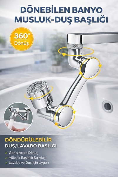 Ecuy 1080 Derece Dönebilen Mutfak Banyo Musluk Duş Başlığı Nikelaj Kaplama Ay...