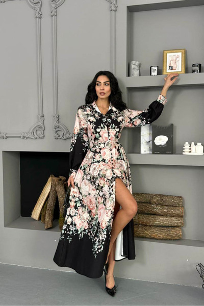 Neşeli Butik rochie de damă, neagră, cu imprimeu floral, din țesătură importa...