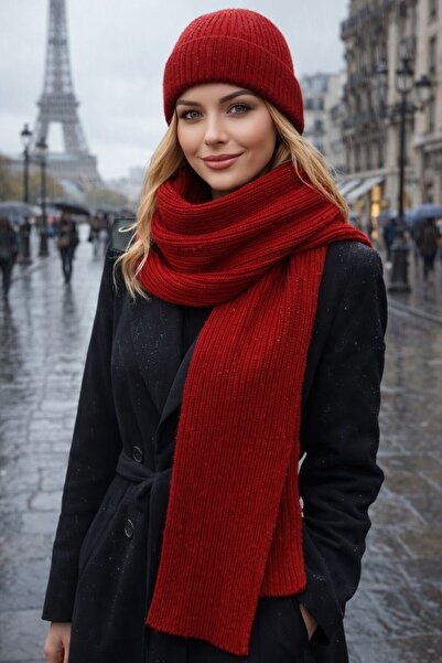 MARBERRY Red Lux Wool Corded Fabric Knitted Scarf and Beanie Set of 2 45X210 cm