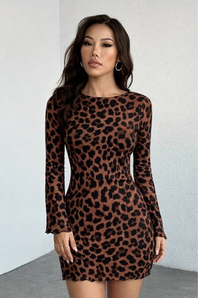 Modayakamoz Rochie mini submersibilă cu imprimeu leopard pentru femei, cu mân...