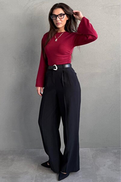 Madmext Black Modern Cut Belted High Waist Wide Leg Fabric Trousers Mg2618