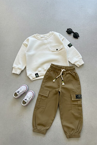 BABYİLAY Boy's Cargo Pocket Piece Gabardine Trousers and Sweatshirt Set with ...