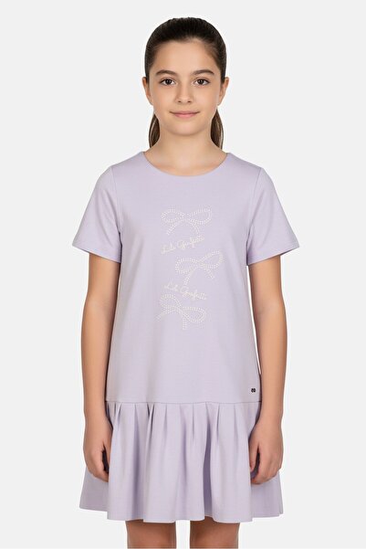 Lili Gaufrette Kids Girl Round Neck Short Sleeve Brand Logo Dress, Lavender